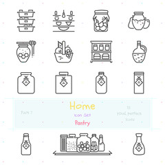 Home stuff outline icon set of 15 thin modern and stylish icons. Part 8 - pantry stuff and furniture. Dark line version. EPS 10. Pixel perfect icons.