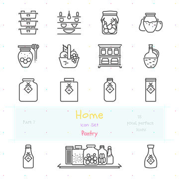 Home stuff outline icon set of 15 thin modern and stylish icons. Part 8 - pantry stuff and furniture. Dark line version. EPS 10. Pixel perfect icons.