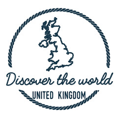 United Kingdom Map Outline. Vintage Discover the World Rubber Stamp with United Kingdom Map. Hipster Style Nautical Rubber Stamp, with Round Rope Border. Country Map Vector Illustration.