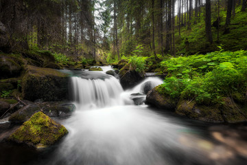 Amazing waterfall flowing between large rocks in a deep green forest at Low Tatras National park, Slovak Republic.