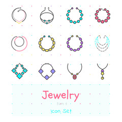 Jewelry line thin modern stylish icon set of 12 icons. Part 4 - necklaces and chains. Color version. EPS 10..