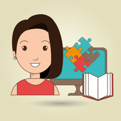woman pc book puzzle vector illustration eps 10