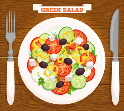 Greek salad on a plate, top view. Mediterranean food is served on a wooden table with a knife, fork and inscription. Vector illustration.