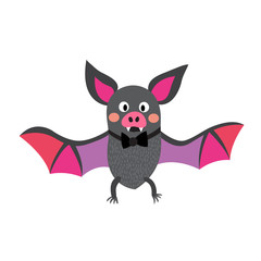 Flying colorful Bat with bow cartoon character. Isolated on white background. Vector illustration.
