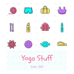 Yoga stuff line icon set of 12 modern and stylish icons. Color version. EPS 10. Pixel perfect icons.