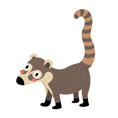 Standing Coati animal cartoon character. Isolated on white background. Vector illustration.