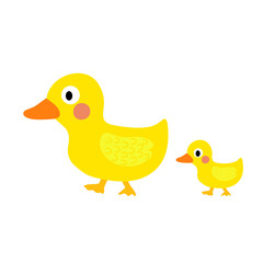 Duck and little duck animal cartoon character. Isolated on white background. Vector illustration.