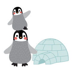 Funny Penguin and igloo animal cartoon character vector illustration.
