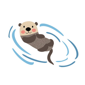 Floating Otter animal cartoon character. Isolated on white background. Vector illustration.