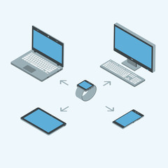 3D flat business device symbols isolated on light background.