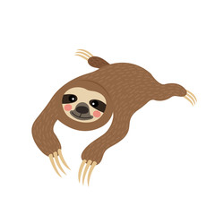 Three-toed lying Sloth animal cartoon character. Isolated on white background. Vector illustration.