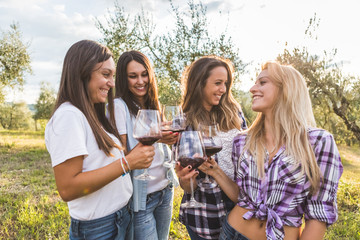 Smiling Girls Toasting with Red Wine Outdoors