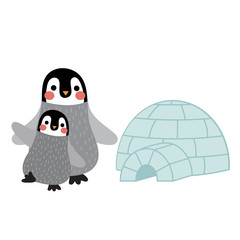 Penguin mother and child in front of igloo animal cartoon character. Isolated on white background. Vector illustration.