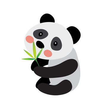 Panda bear with bamboo leaves animal cartoon character. Isolated on white background. Vector illustration.