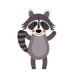 Raccoon standing and raising two hands animal cartoon character. Isolated on white background. Vector illustration.