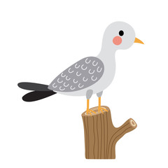 Seagull bird perching branch animal cartoon character. Isolated on white background. Vector illustration.