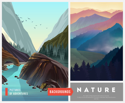 Set of nature landscape backgrounds with silhouettes of mountains and trees.