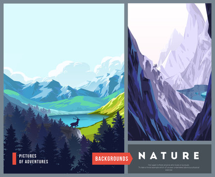Set of nature landscape backgrounds with silhouettes of mountains and trees.