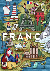 Funny Hand drawn Cartoon France map with most popular places of interest