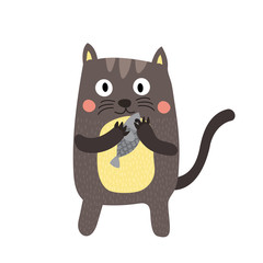 Standing Cat holding fish animal cartoon character. Isolated on white background. Vector illustration.