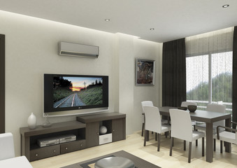 3D render of the building interior, living room with furniture