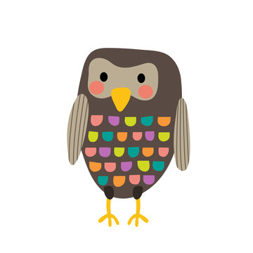 Standing colorful Owl bird animal cartoon character. Isolated on white background. Vector illustration.