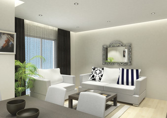 3D render of the building interior, living room with furniture