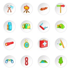 Camping icons set in cartoon style. Camping equipment set collection vector illustration