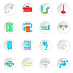 Bathroom icons set in cartoon style. Plumbing service set collection vector illustration