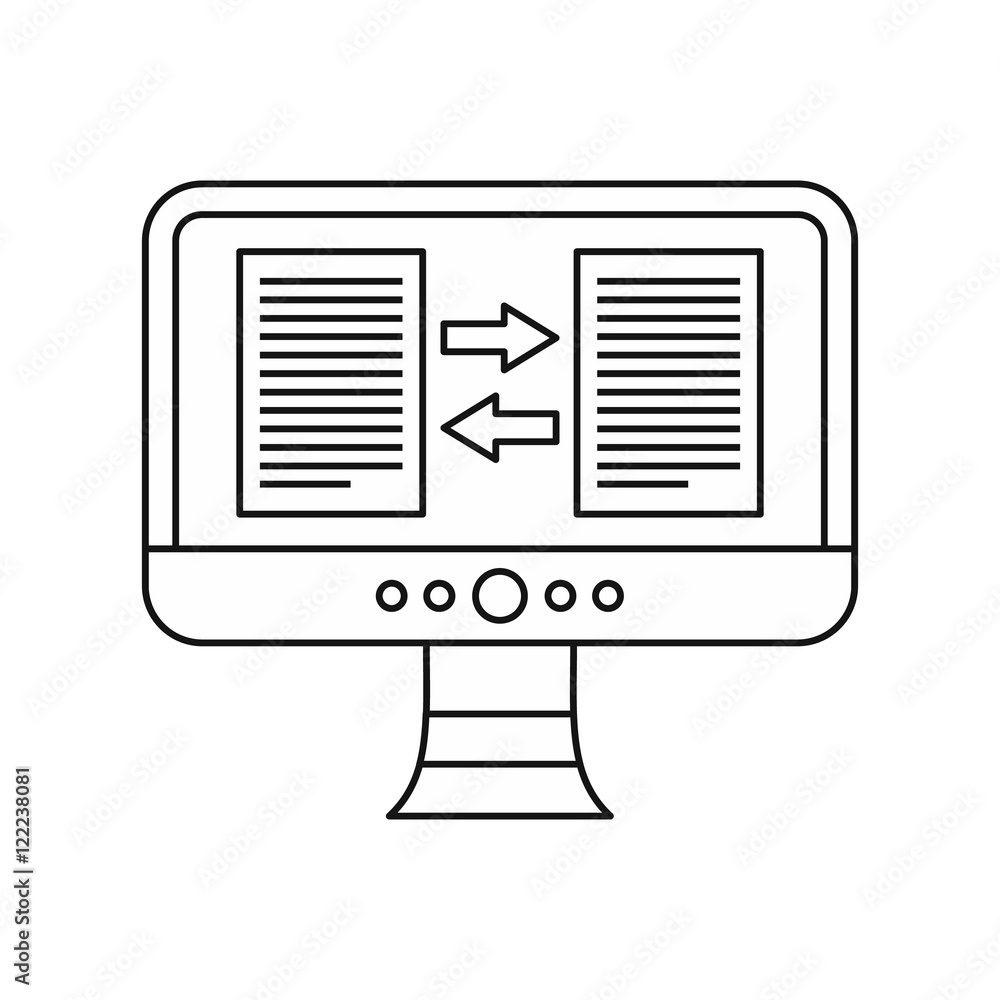 Poster translator app on the computer screen icon in outline style on a white background vector illustratio