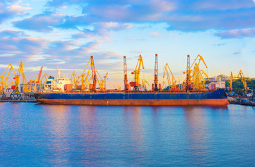 Obraz premium Panorama of the port cranes ships. bulk carrier ship in the port on loading.