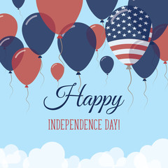 United States Independence Day Flat Greeting Card. Flying Rubber Balloons in Colors of the American Flag. Happy National Day Vector Illustration.