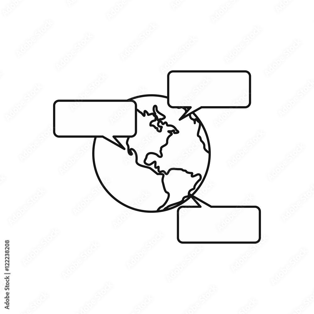 Poster globe and empty speech bubbles icon in outline style on a white background vector illustration