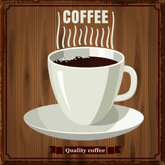 A cup of coffee on the background of wooden planks, cartoon style, vector illustration