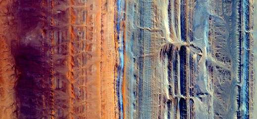 yellow,red,orange and blue parallel lines,abstract landscapes,Abstract Naturalism,abstract photography deserts of Africa from the air,abstract surrealism,mirage in desert,fantasy of stone and sand - obrazy, fototapety, plakaty