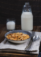 Close-up of healthy breakfast with cereal and milk