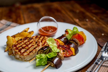 grilled meat with vegetables kebab