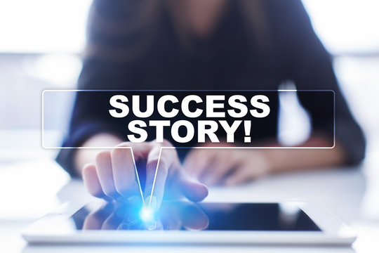 Woman is using tablet pc, pressing on virtual screen and selecting "Success story!".