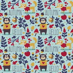 Fototapeta premium Seamless cute animal autumn pattern made with bear, fox, bee, flower, plant, leaf, berry, heart, friend, floral, nature