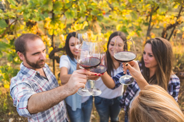 Friends standing in circle and toasting with wine in an Italian