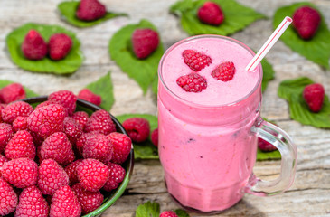 Healthy yogurt cocktail with berries, fruity smoothie, raspberry cocktail