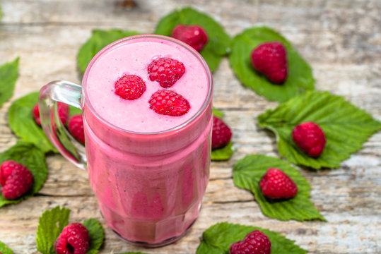 Yogurt smoothie with raspberries, fruit dessert