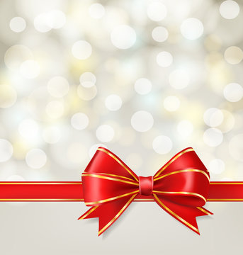 red ribbon bow with gold on blurry holiday background. vector