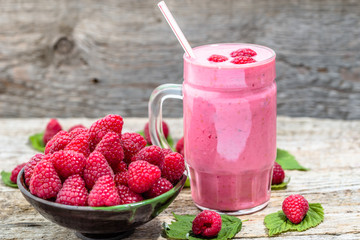 Yogurt smoothie with raspberries, fruit dessert