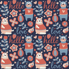 Seamless cute animal autumn pattern made with bear, love, bee, flower, plant, leaf, berry, heart, friend, floral, nature, , acorn, mushroom, hello
