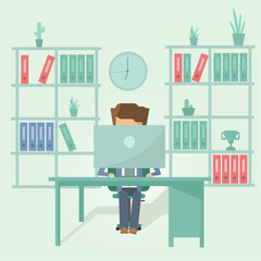 Flat design vector illustration of employee working in the office.