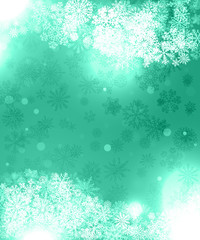 Fototapeta na wymiar Background green for greeting cards with snowflakes and abstract pattern.