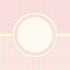 Primitive retro frame with lace and ribbon on polka dots and gingham background ideal for baby shower