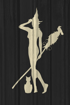 Illustration of standing young witch icon. Witch silhouette with a broomstick. Halloween relative image. Wood texture