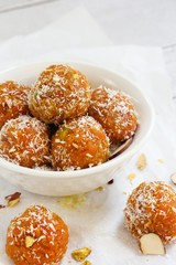 Carrot Halwa laddu / Carrot Coconut Balls, selective focus